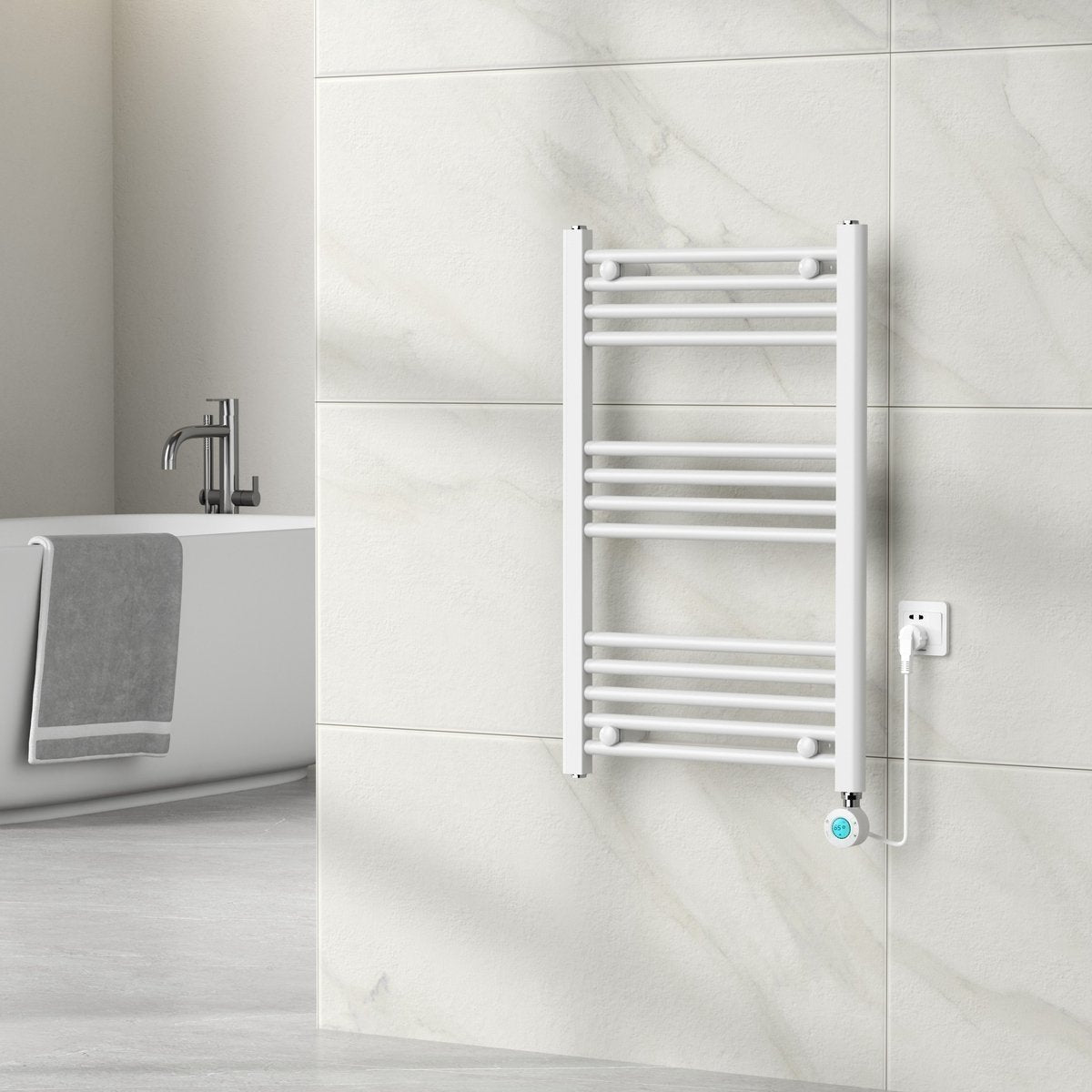Radiateur sèche-serviettes électrique avec thermostat digital - Radiateur Salle de bain - 800 × 500 mm - Blanc mat - 300 watts
