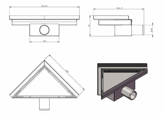 Caniveau de douche d'angle 20 x 28 x 8 cm en acier inoxydable