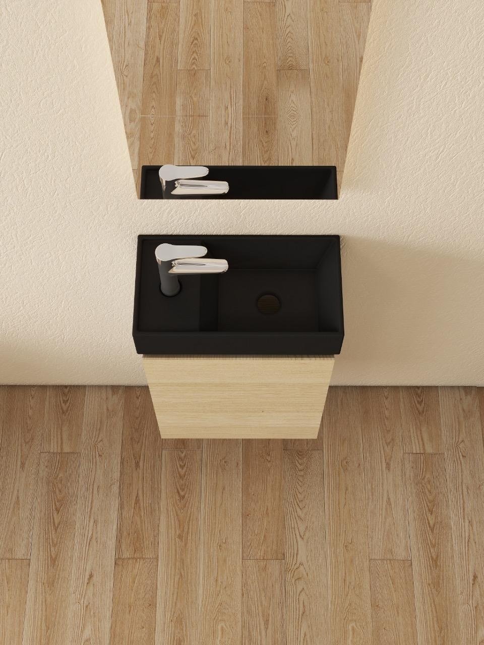 Nurion Meuble de toilette Nora - lavabo noir mat et armoire en bois clair - 41 x 22,5 x 65 cm