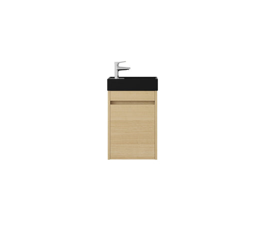 Nurion Meuble de toilette Sam - lavabo noir mat et armoire en bois clair - 41 x 22,5 x 65 cm