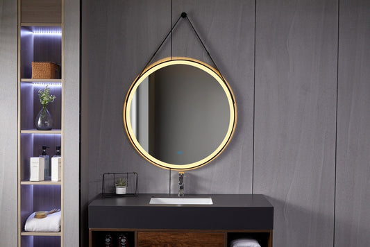 Miroir rond 80 cm avec ceinture tendance, cadre noir, éclairage LED encastré et anti-buée