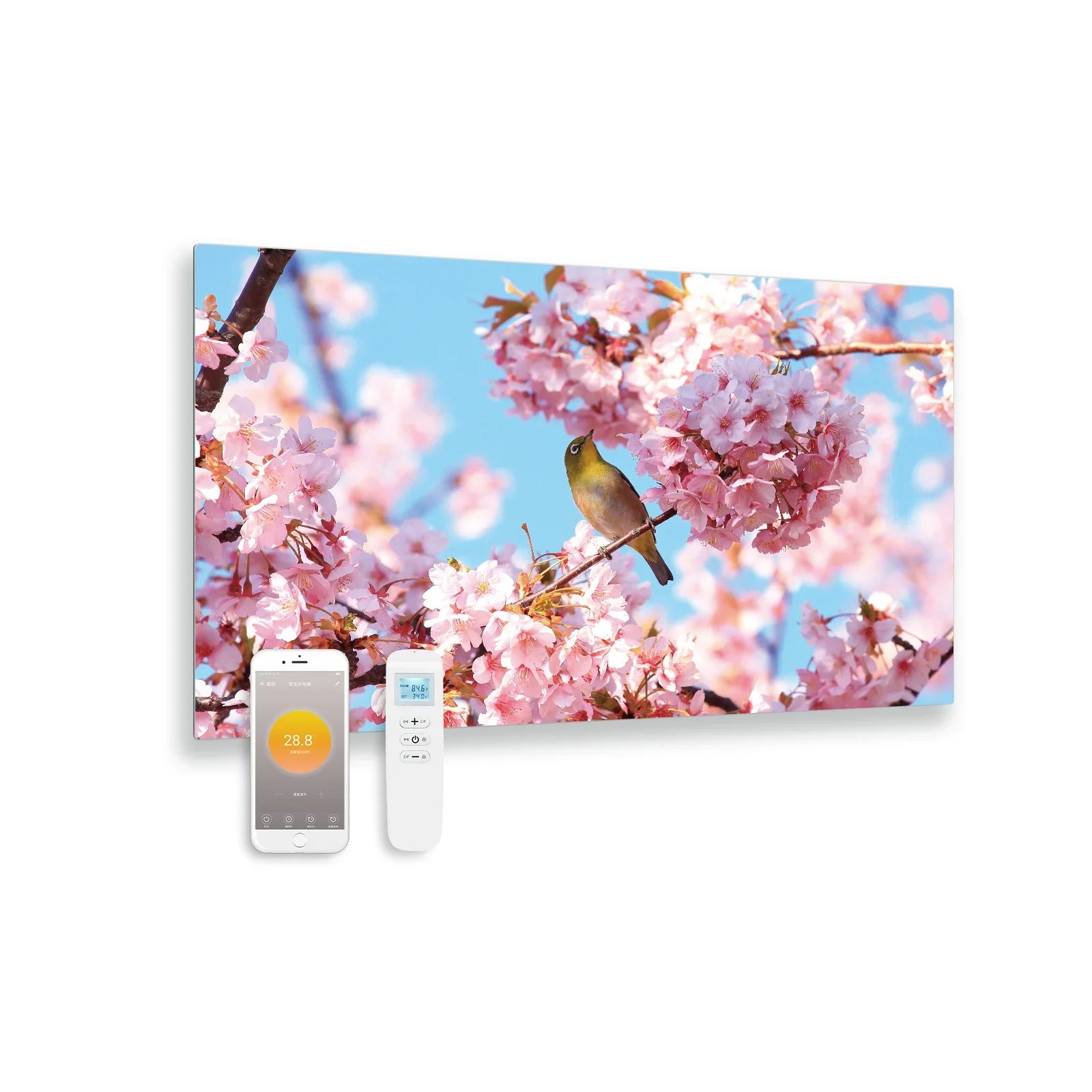 Bedrukt glazen infrarood paneel met wifi en remote control bloesem 100x59 580Watt