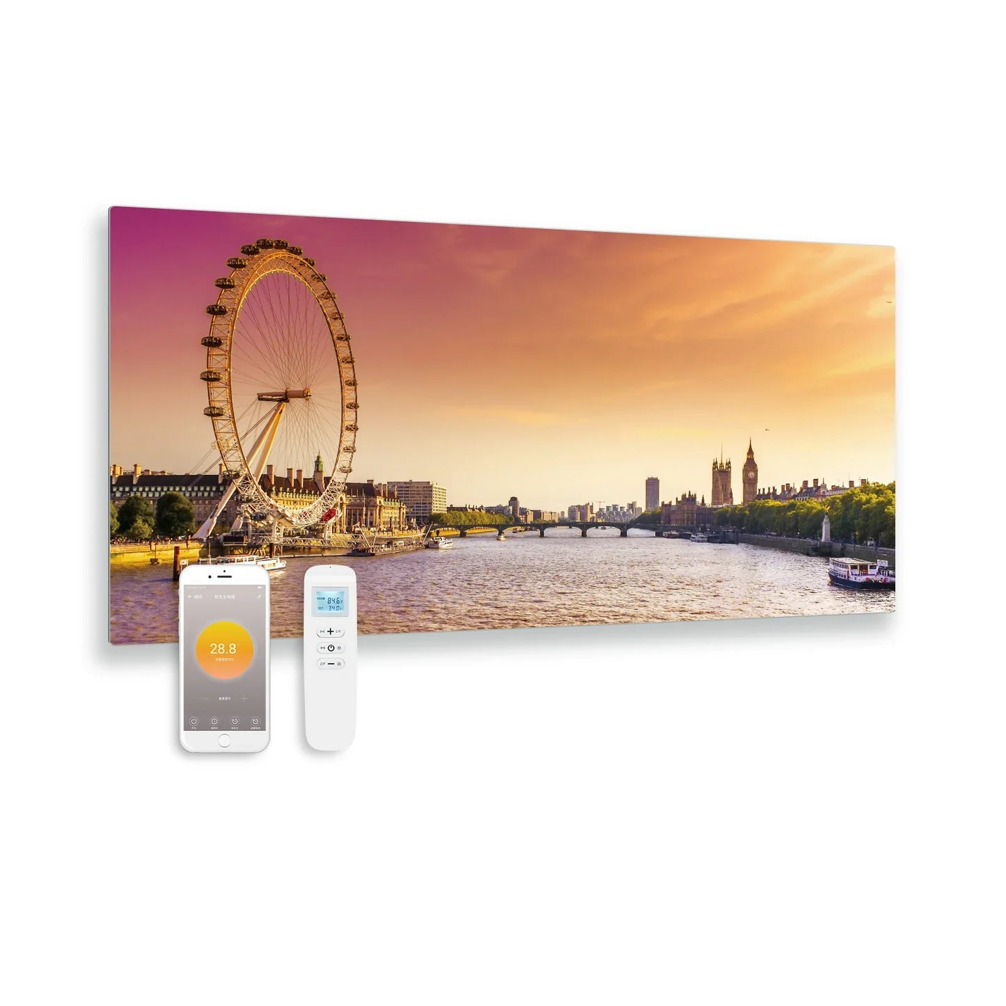 Panneau infrarouge en verre imprimé avec Wi-Fi et télécommande London Eye 119x59 700Watt
