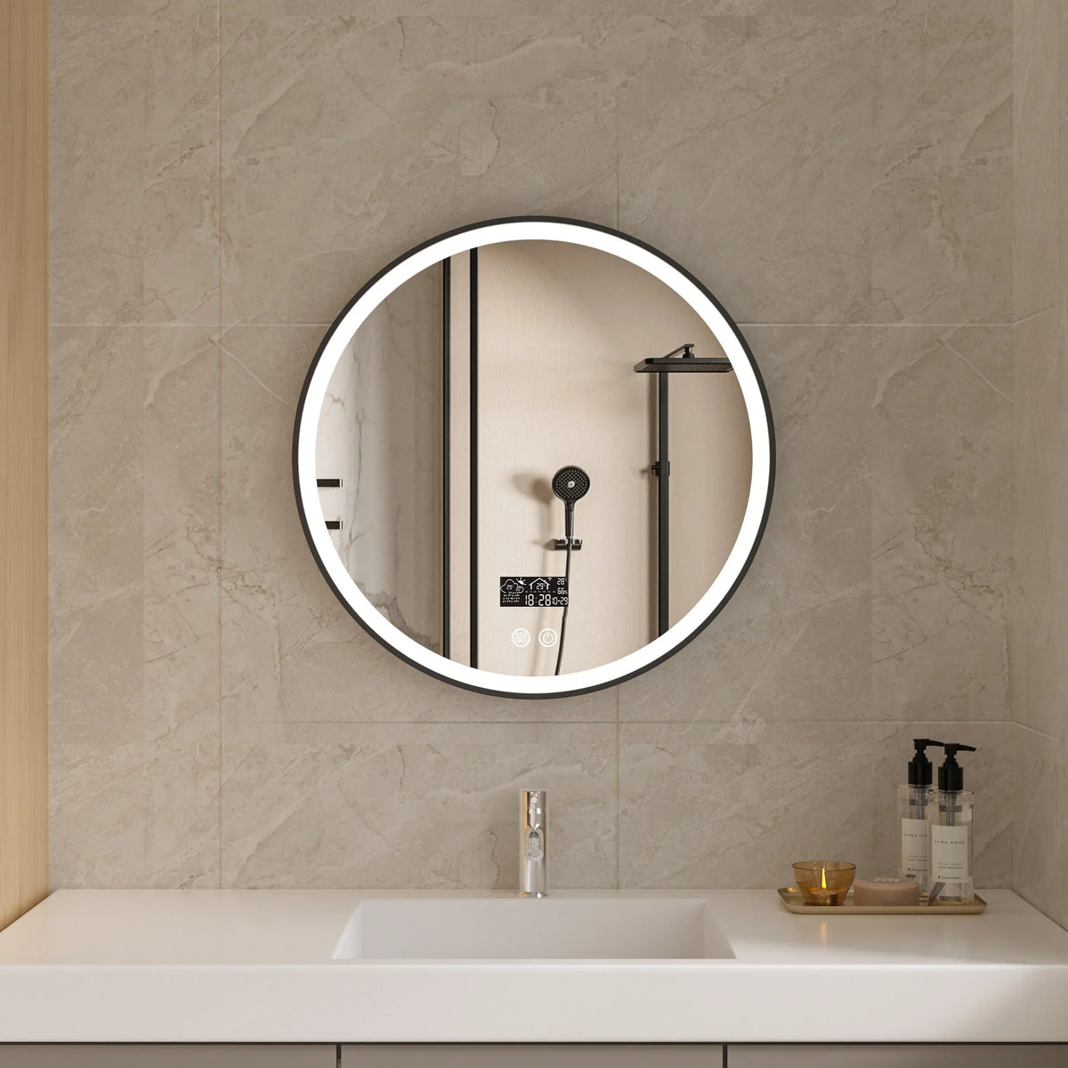Miroir rond 60 cm cadre noir avec éclairage LED, anti-buée et Wi-Fi