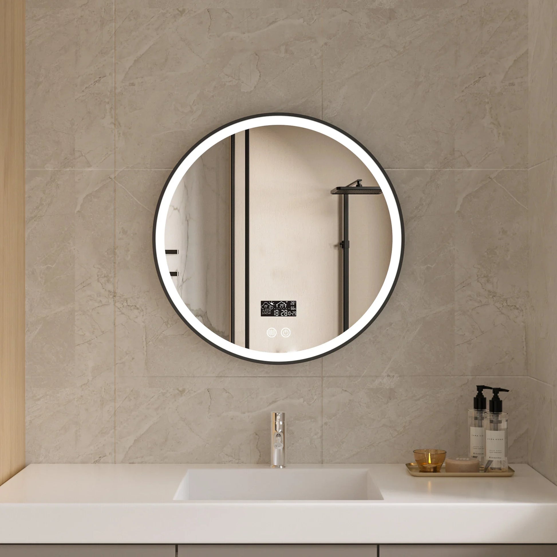 Miroir rond 60 cm cadre noir avec éclairage LED, anti-buée et Wi-Fi