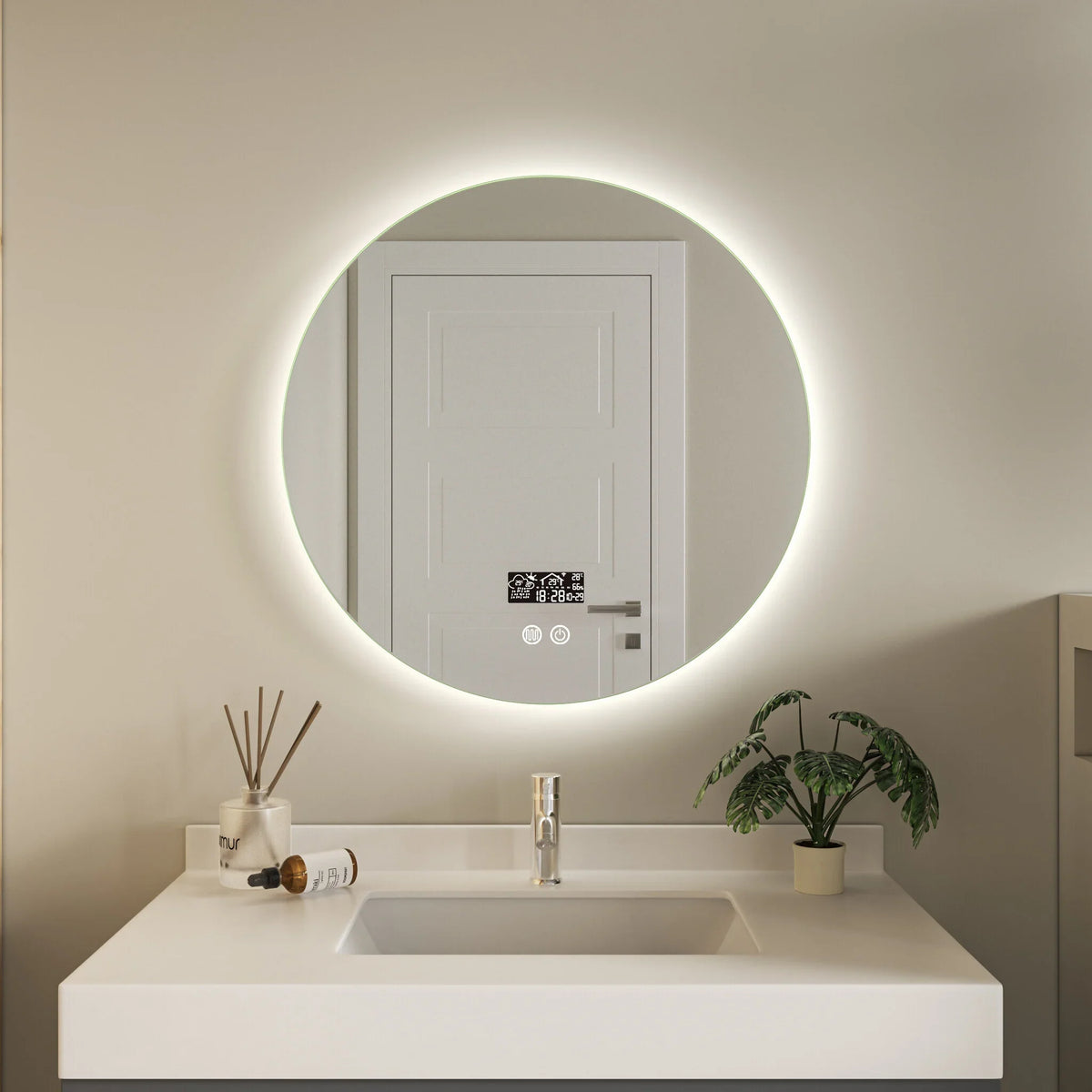 Miroir intelligent rond 60 cm sans cadre avec éclairage LED, anti-buée et Wi‑Fi