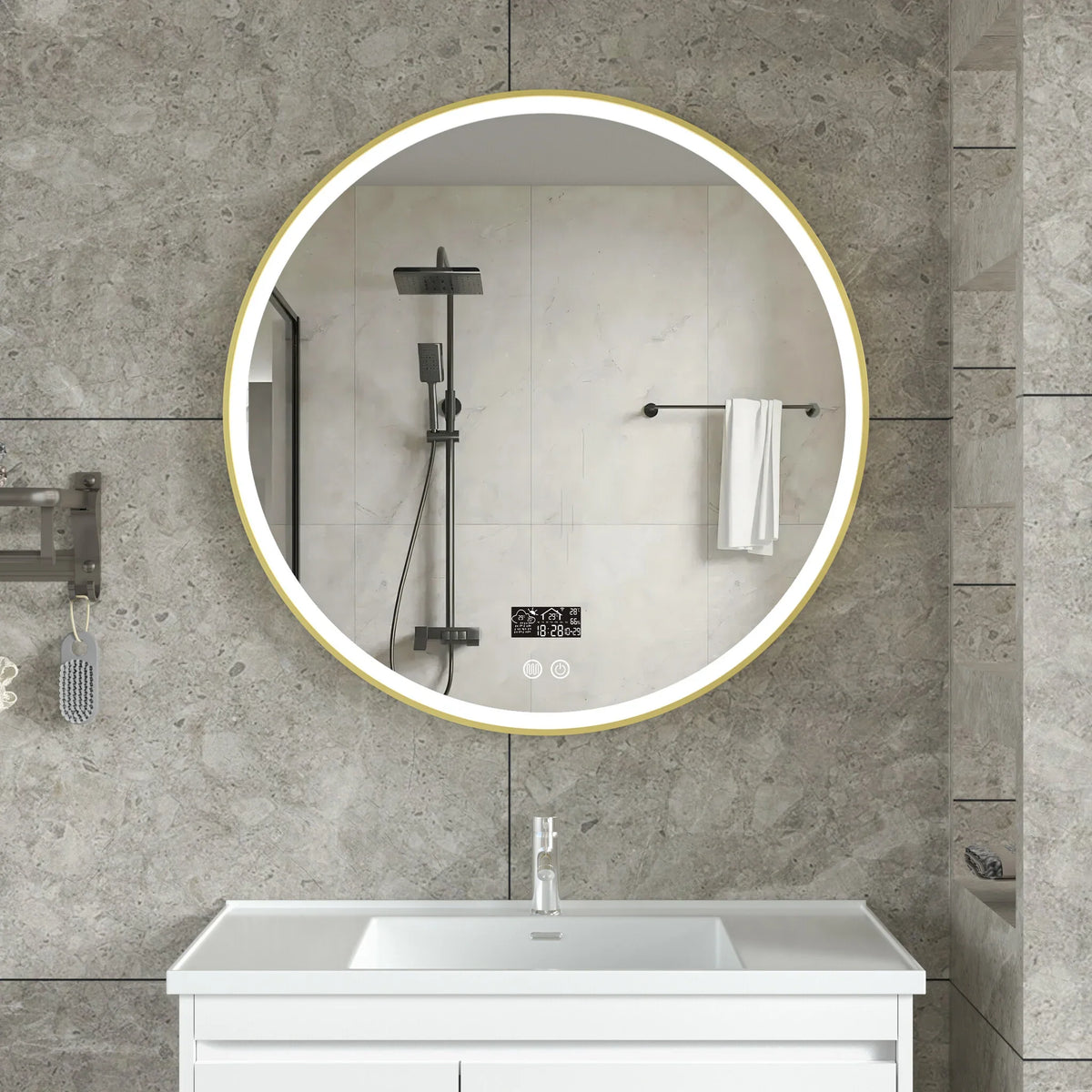 Miroir intelligent rond 80 cm cadre doré avec éclairage LED, anti-buée et Wifi