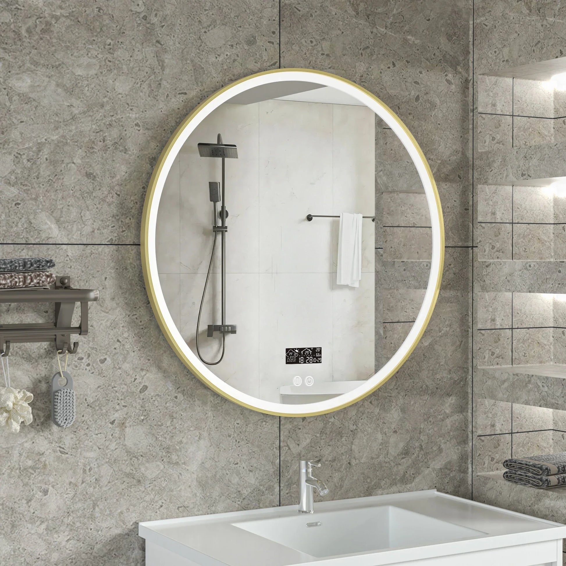 Smart spiegel rond 80cm gouden frame met led verlichting, anti-condens en wifi