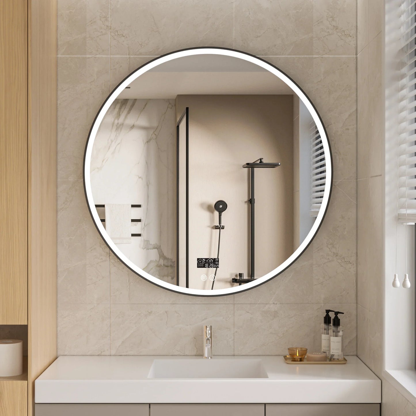 Miroir rond 100cm cadre noir avec éclairage LED, anti-buée et wifi