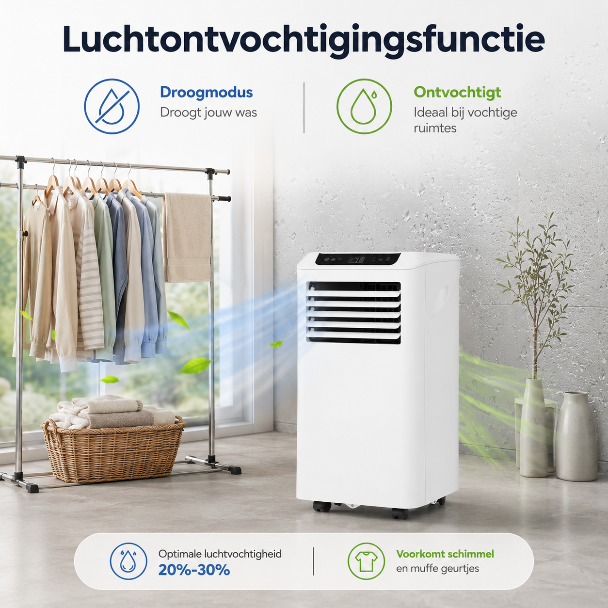 Mobiele airco Wifi ontvochtigen en ventileren met raamafdichting en luchtreiniger 9000btu