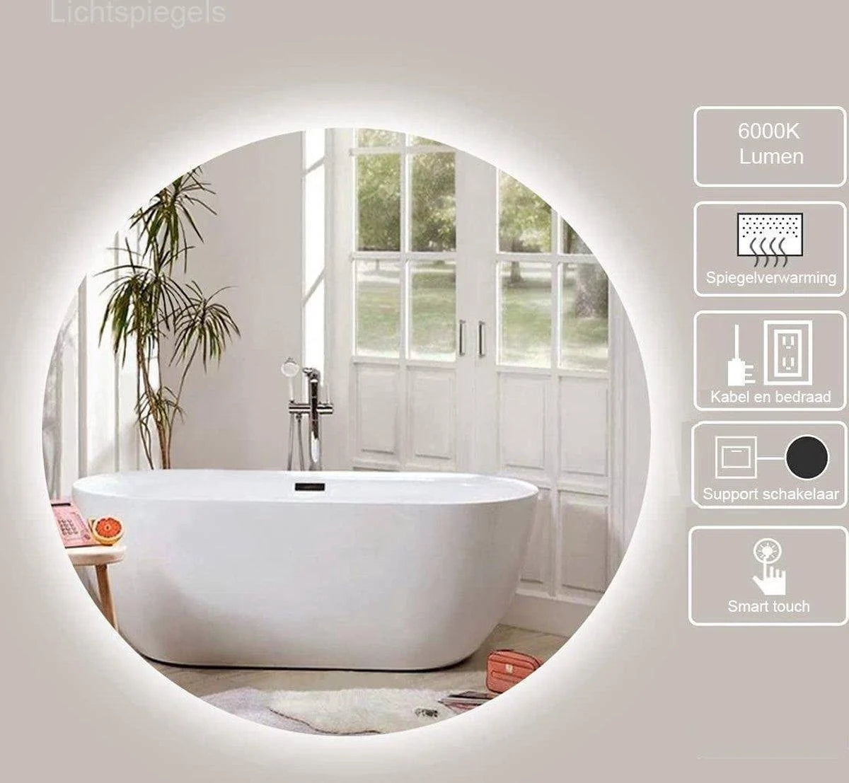 Spiegel rond 120 cm frameloos, rondom led verlichting en anti-condens