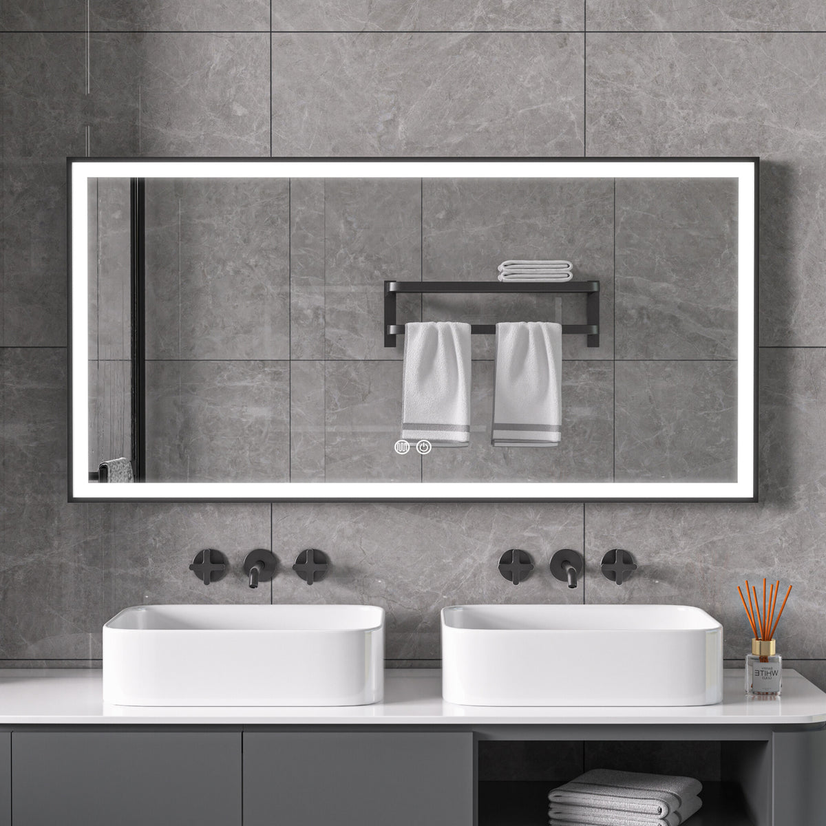 Seconde chance - Miroir avec cadre noir, LED, anti-buée 75 x 125cm - Par défaut