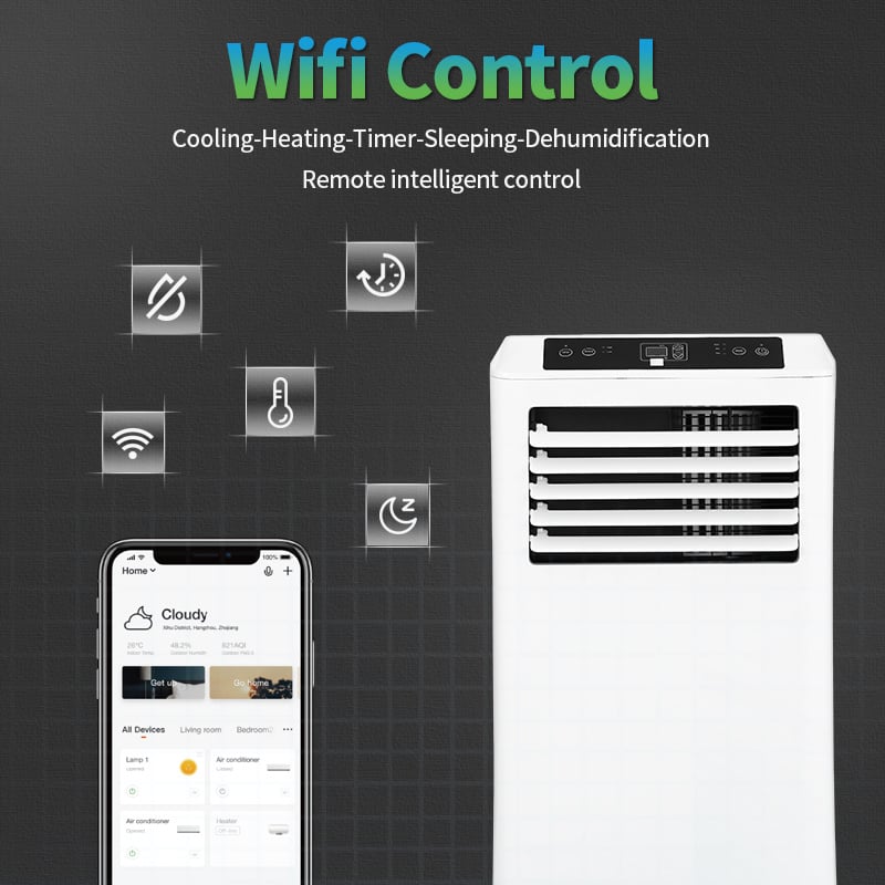 Mobiele airco Wifi ontvochtigen en ventileren met raamafdichting en luchtreiniger 7000btu
