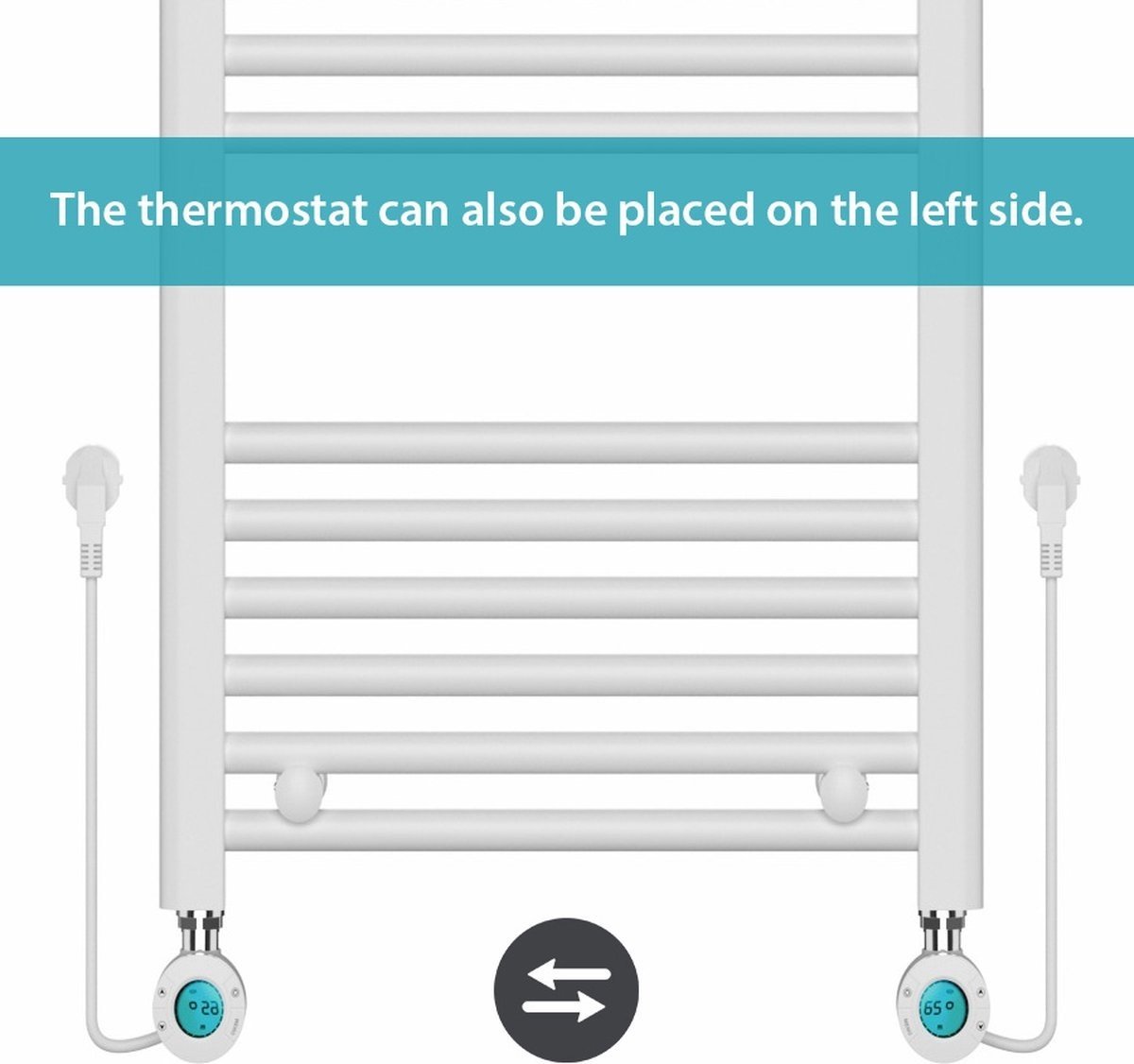 Radiateur Électrique pour Serviettes avec Thermostat Numérique - Radiateur Salle de Bain - 1200 × 500 mm - Blanc - 500 Watt