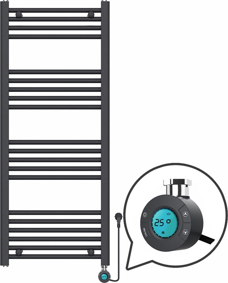 Radiateur Électrique pour Serviettes avec Thermostat Numérique - Radiateur de Salle de Bain - 1200 × 500 mm - Noir Mat - 500 Watt