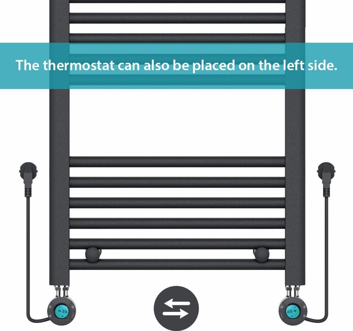 Radiateur Électrique pour Serviettes avec Thermostat Numérique - Radiateur de Salle de Bain - 1200 × 500 mm - Noir Mat - 500 Watt