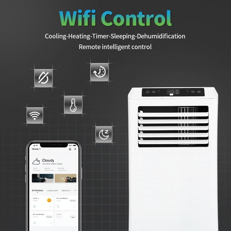 Climatiseur mobile Wifi déshumidifier et ventiler avec joint de fenêtre et purificateur d'air 9000btu