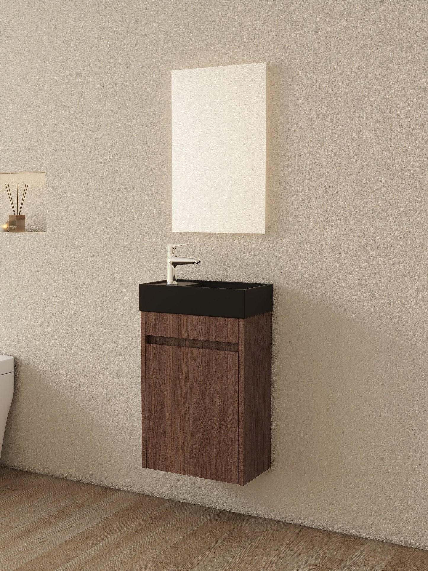 Nurion Meuble de salle de bain Emma - lavabo noir mat et armoire en noyer - 41 x 22,5 x 65 cm