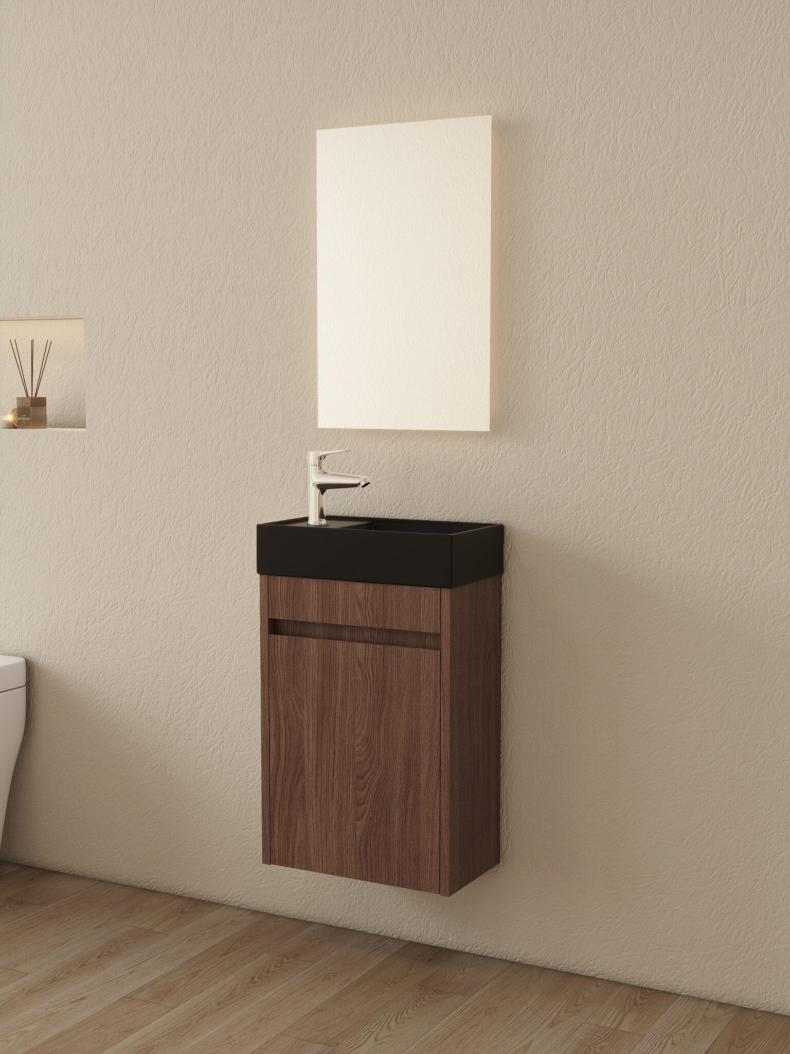 Nurion Meuble de salle de bain Emma - lavabo noir mat et armoire en noyer - 41 x 22,5 x 65 cm