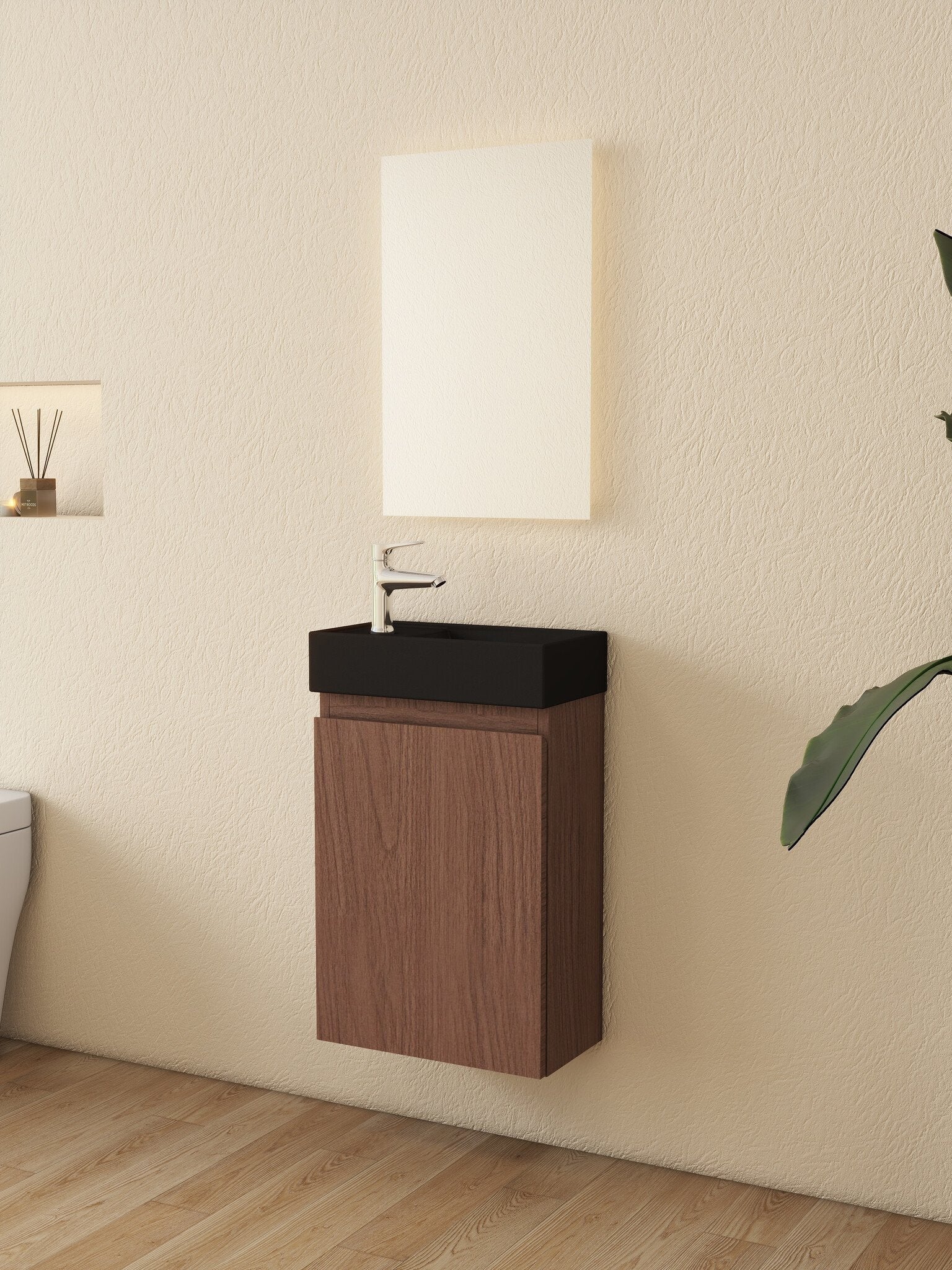 Nurion Meuble de toilette Jule - lavabo noir mat et armoire en bois de chêne - 41 x 22,5 x 65 cm
