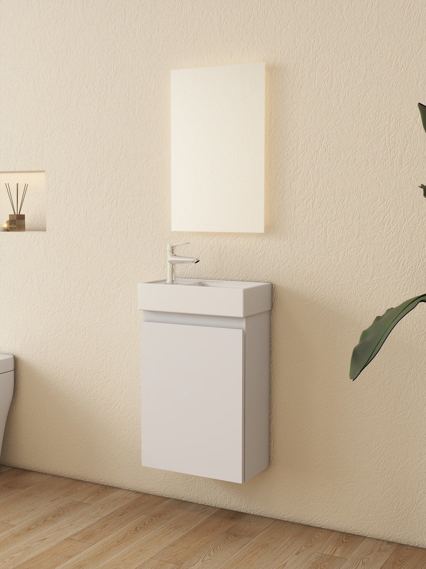 Nurion Meuble de toilette Lotte - lavabo blanc brillant et armoire en bois blanc - 41 x 22,5 x 65 cm