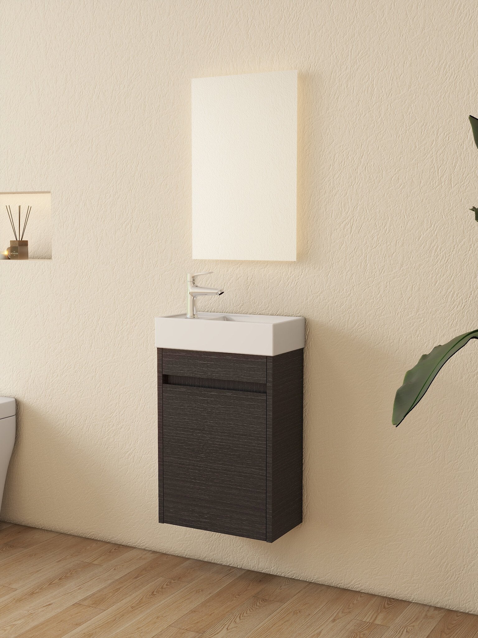Nurion Meuble de salle de bains Luca - lavabo blanc brillant et armoire en bois noir - 41 x 22,5 x 65 cm