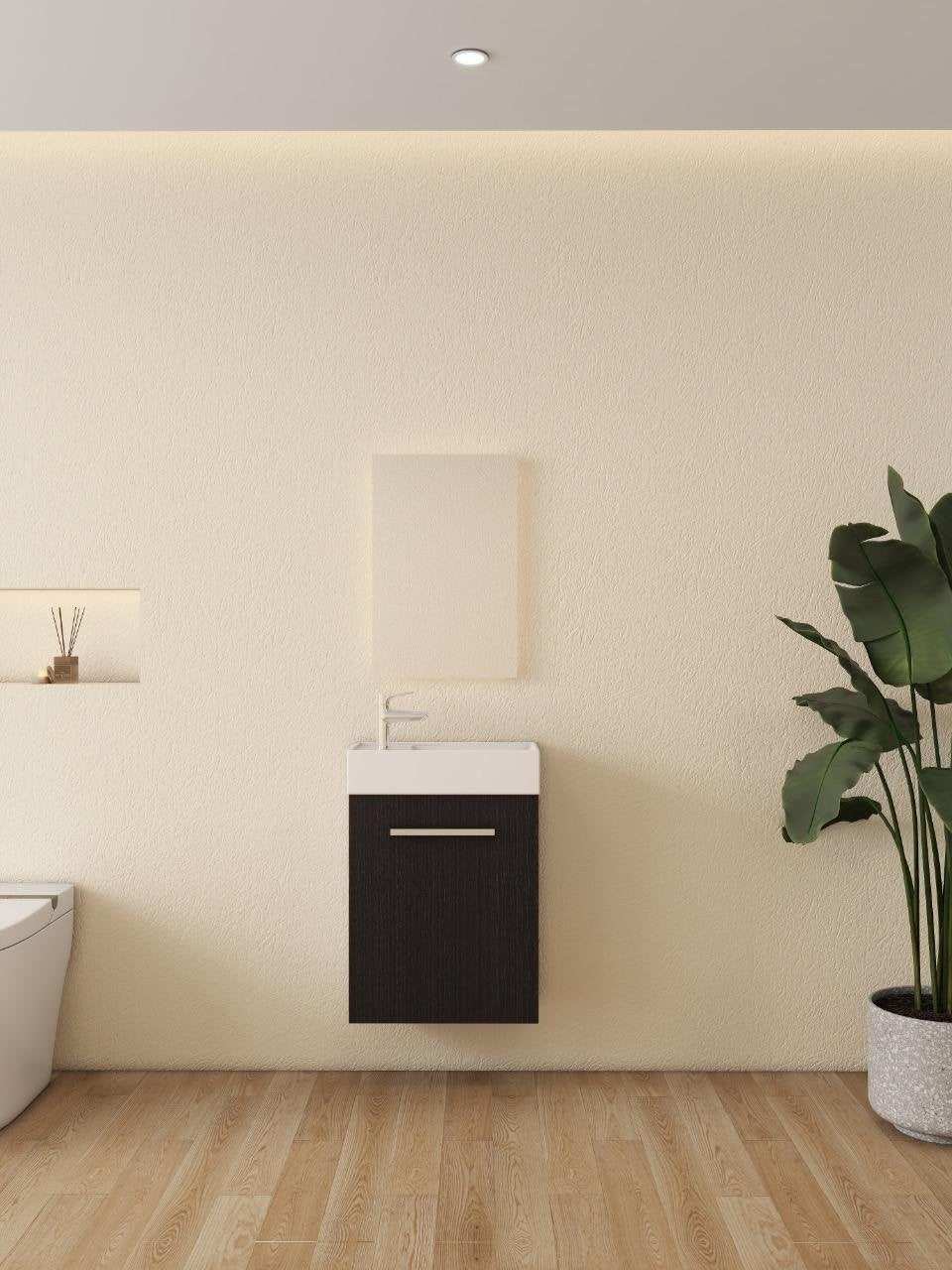 Nurion Meuble de toilette Max - lavabo blanc brillant et armoire en bois noir - 45 x 25 x 72 cm