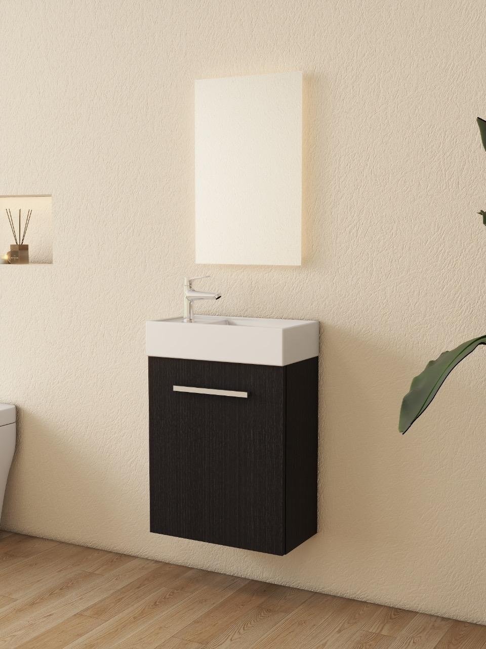 Nurion Meuble de toilette Max - lavabo blanc brillant et armoire en bois noir - 45 x 25 x 72 cm