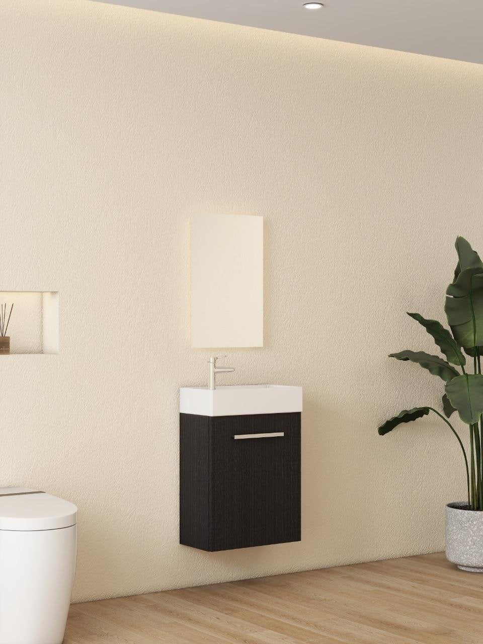 Nurion Meuble de toilette Max - lavabo blanc brillant et armoire en bois noir - 45 x 25 x 72 cm
