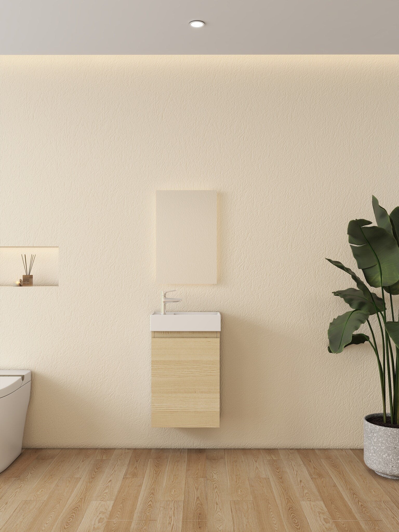 Nurion Meuble de salle de bains Mees - lavabo blanc brillant et armoire en bois clair - 41 x 22,5 x 65 cm