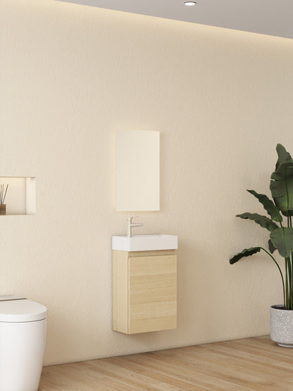 Nurion Meuble de salle de bains Mees - lavabo blanc brillant et armoire en bois clair - 41 x 22,5 x 65 cm