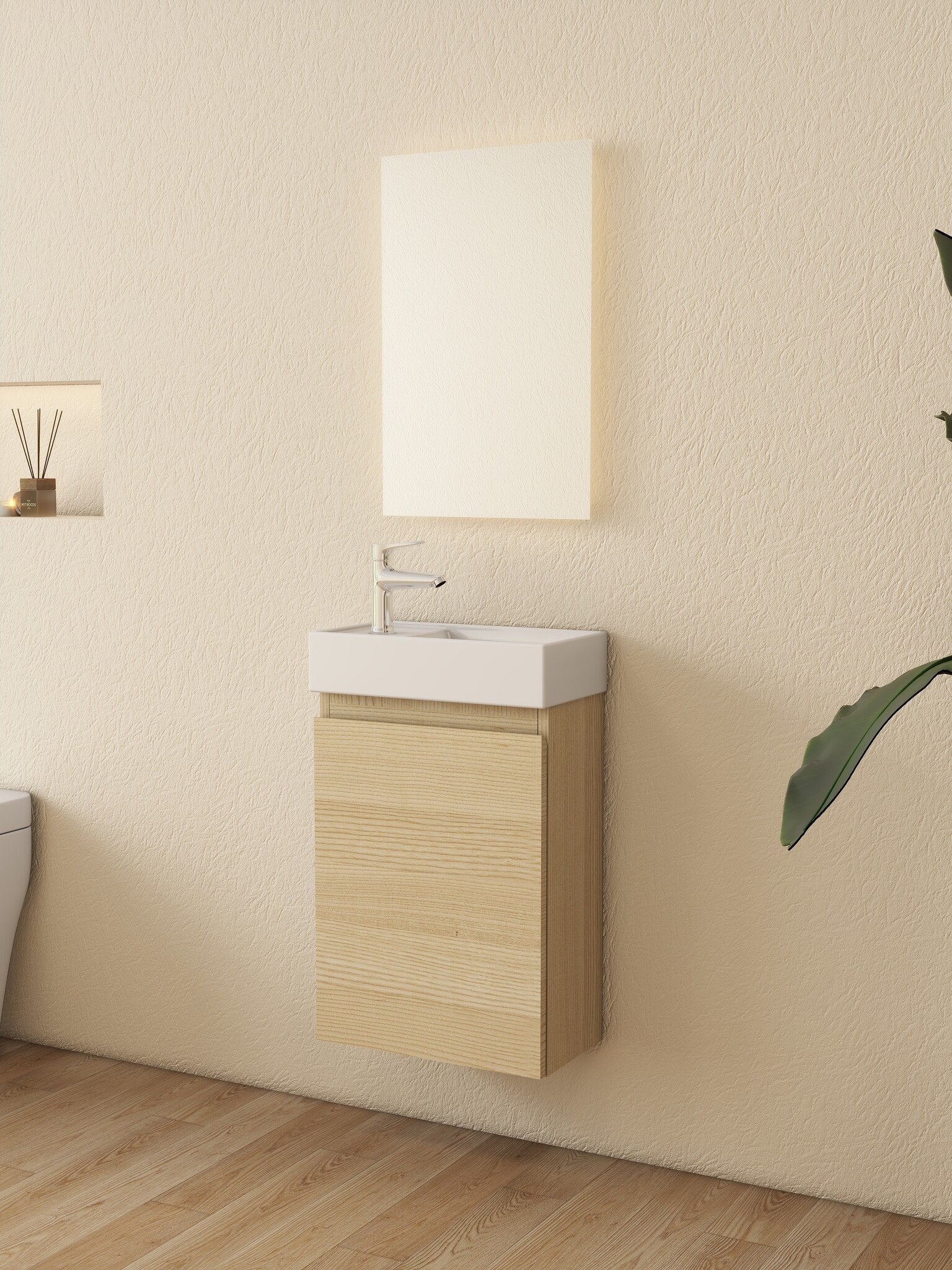 Nurion Meuble de salle de bains Mees - lavabo blanc brillant et armoire en bois clair - 41 x 22,5 x 65 cm