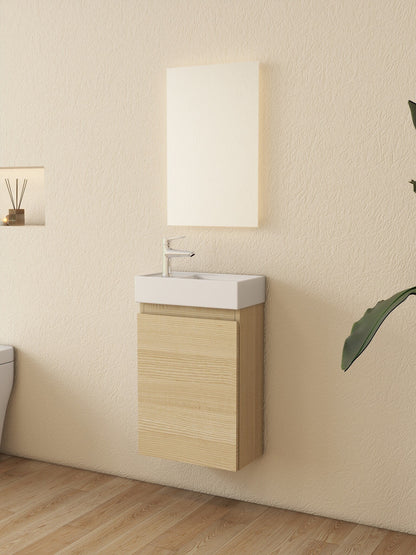 Nurion Meuble de salle de bains Mees - lavabo blanc brillant et armoire en bois clair - 41 x 22,5 x 65 cm