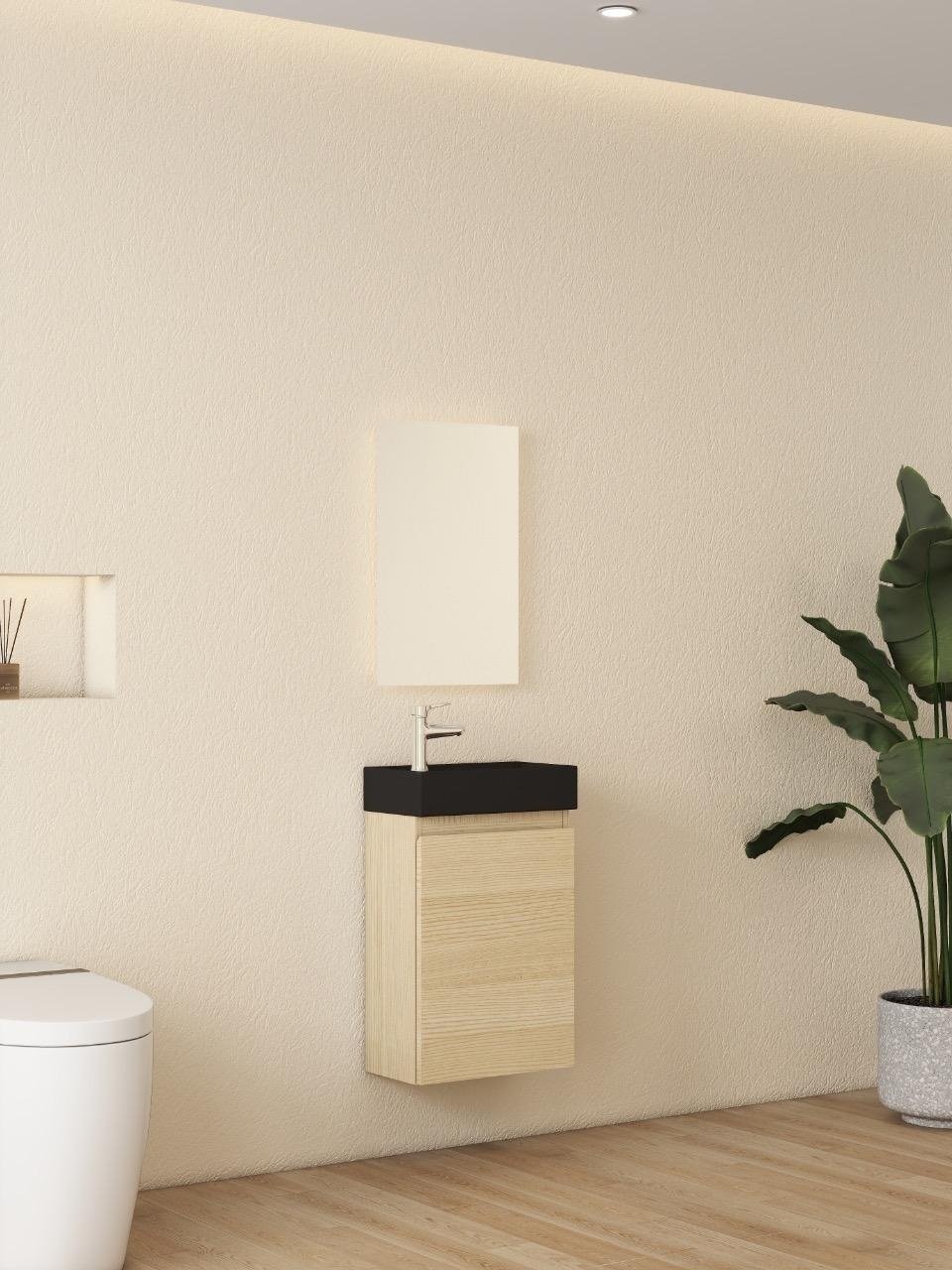 Nurion Meuble de toilette Nora - lavabo noir mat et armoire en bois clair - 41 x 22,5 x 65 cm