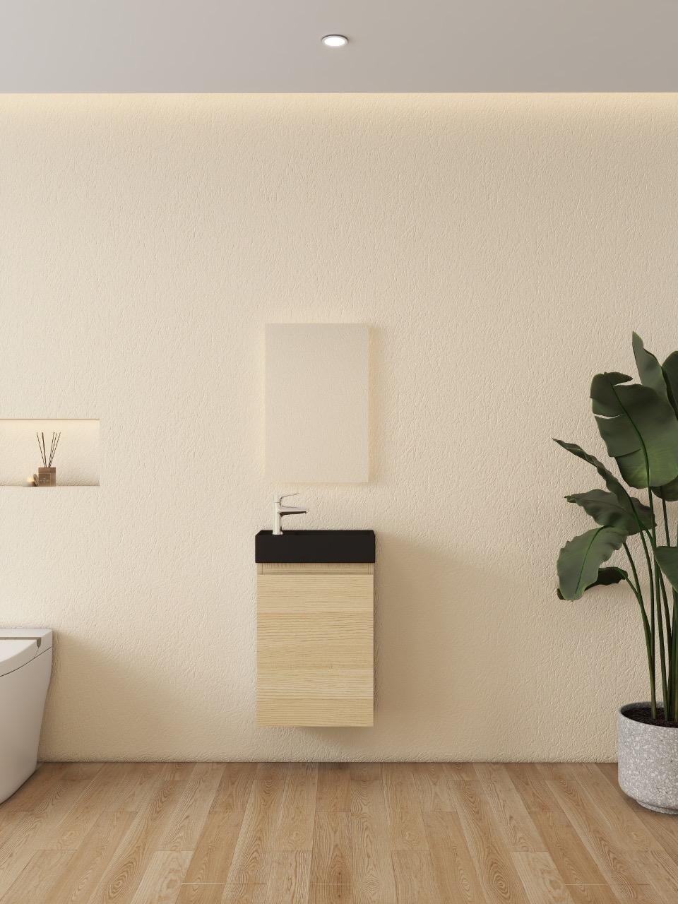 Nurion Meuble de toilette Nora - lavabo noir mat et armoire en bois clair - 41 x 22,5 x 65 cm