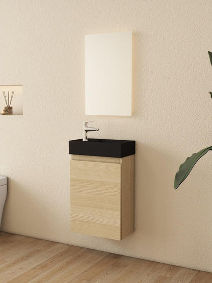 Nurion Meuble de toilette Nora - lavabo noir mat et armoire en bois clair - 41 x 22,5 x 65 cm