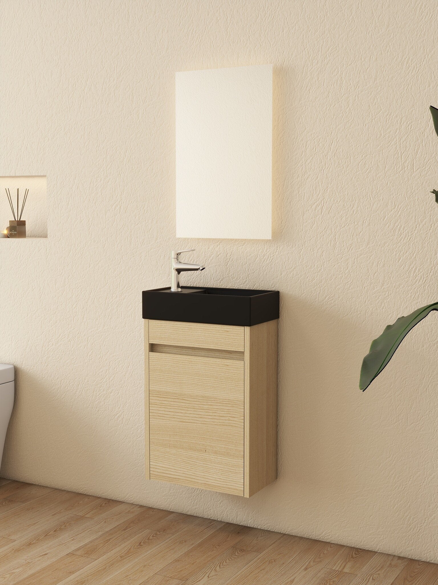 Nurion Meuble de toilette Sam - lavabo noir mat et armoire en bois clair - 41 x 22,5 x 65 cm