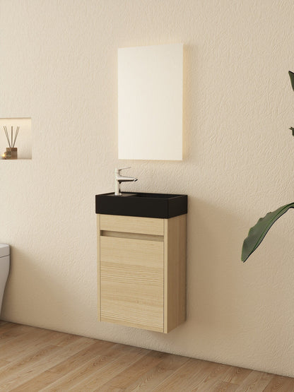 Nurion Meuble de toilette Sam - lavabo noir mat et armoire en bois clair - 41 x 22,5 x 65 cm