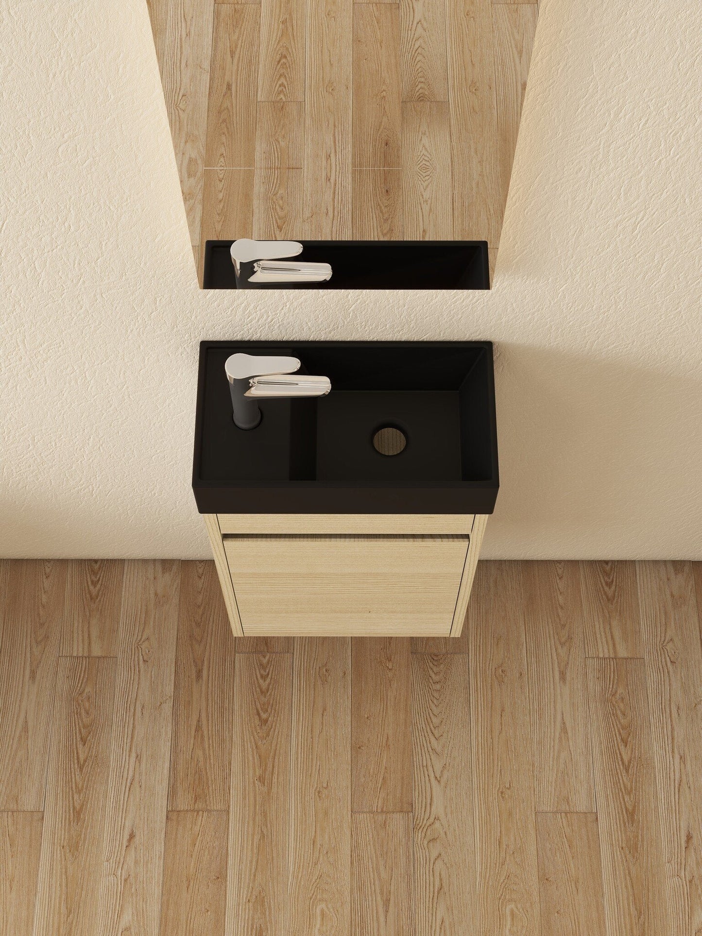 Nurion Meuble de toilette Sam - lavabo noir mat et armoire en bois clair - 41 x 22,5 x 65 cm