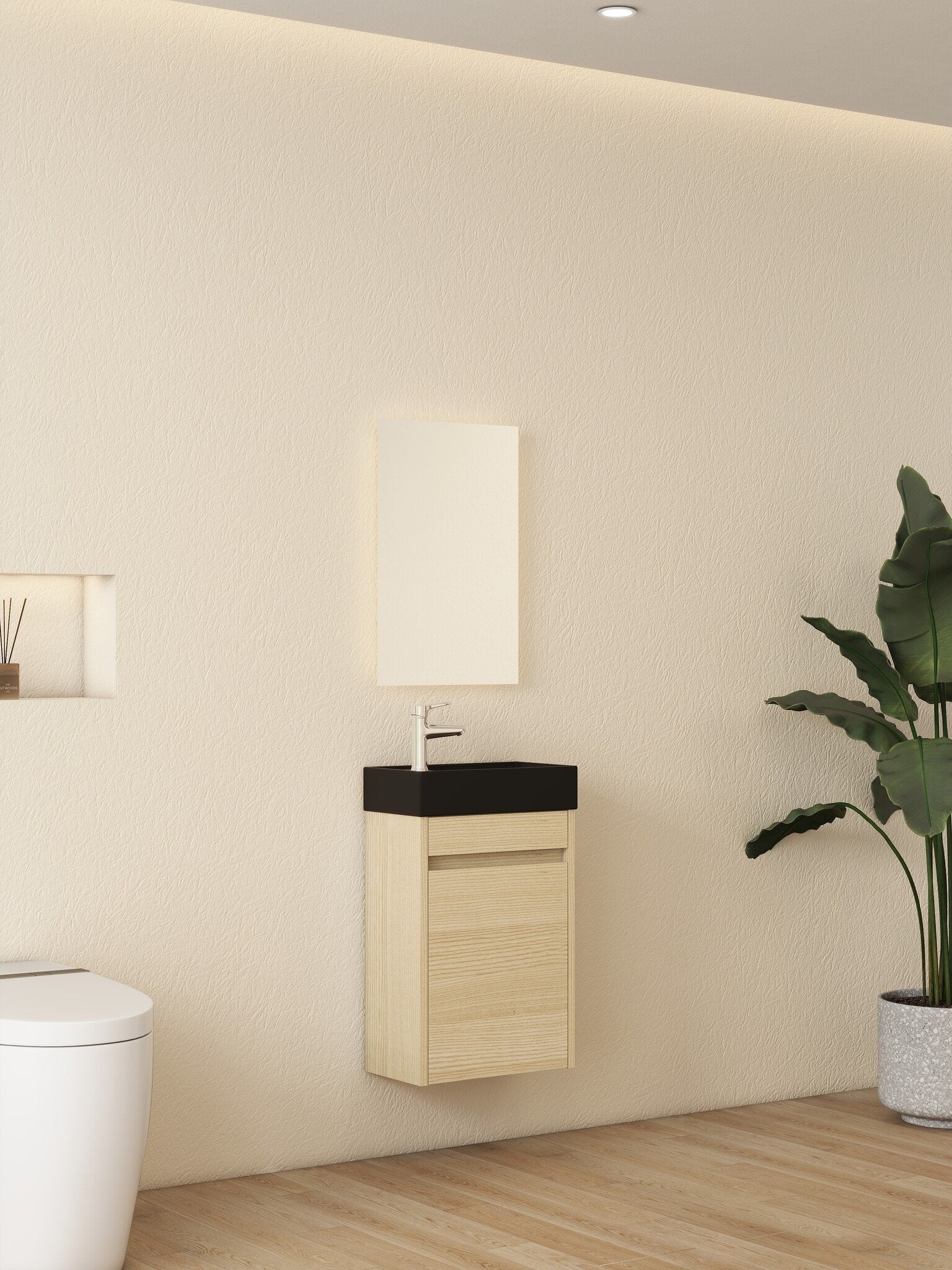 Nurion Meuble de toilette Sam - lavabo noir mat et armoire en bois clair - 41 x 22,5 x 65 cm