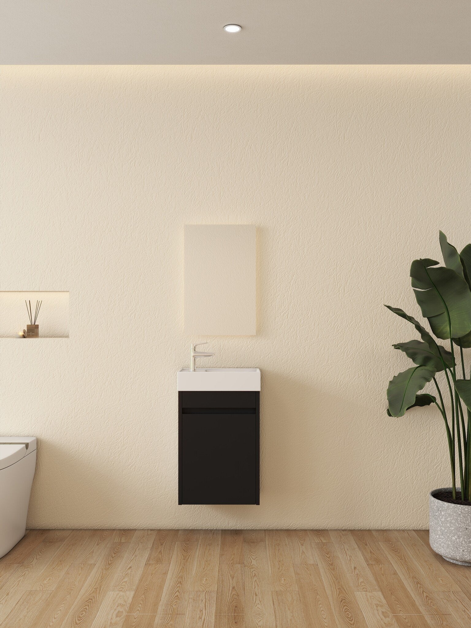Meuble de toilette Nurion Tess - lavabo blanc brillant et armoire en bois noir - 41 x 22,5 x 65 cm