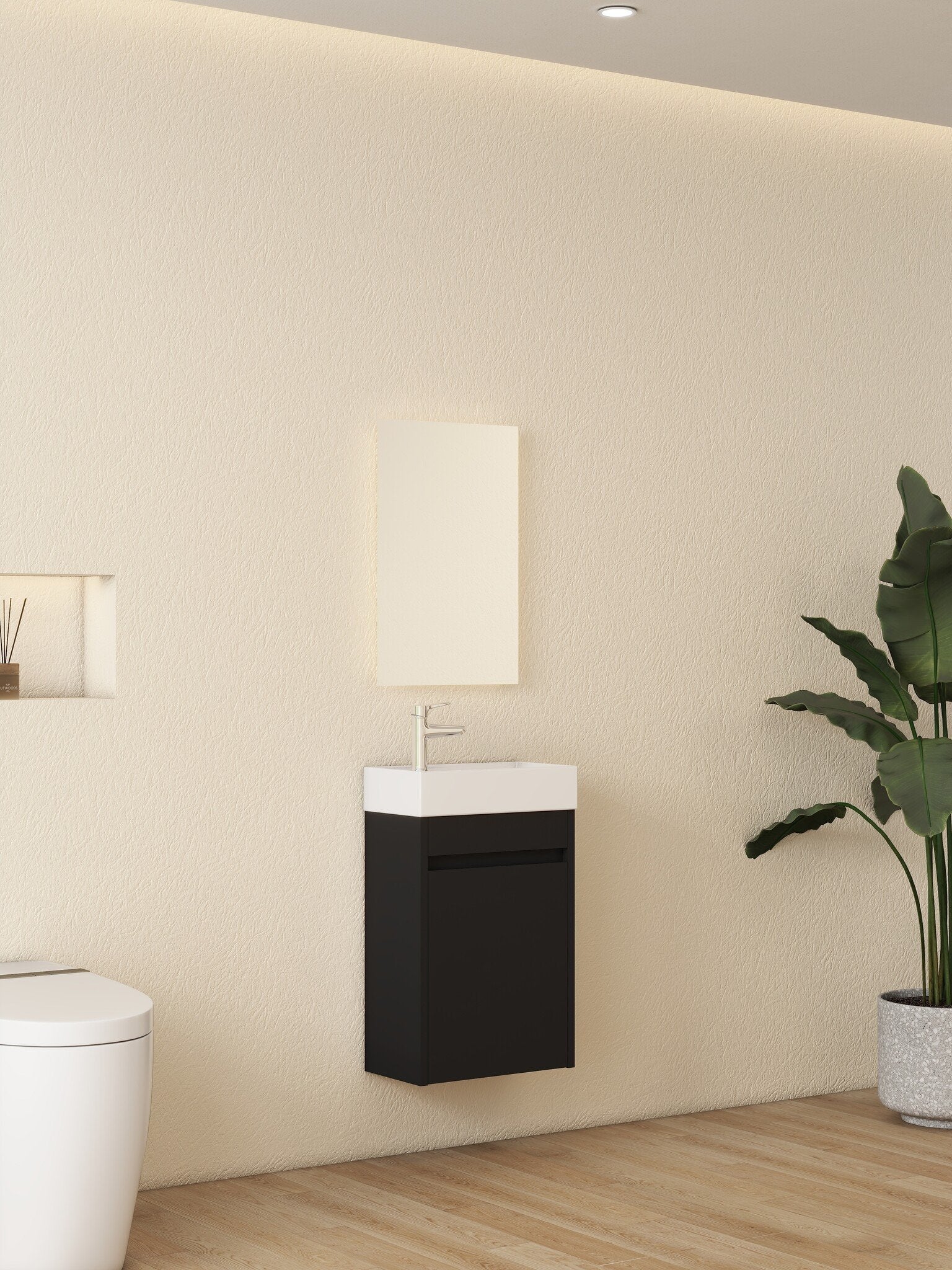 Meuble de toilette Nurion Tess - lavabo blanc brillant et armoire en bois noir - 41 x 22,5 x 65 cm