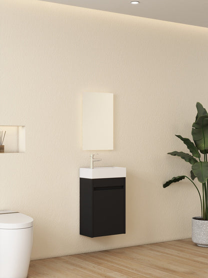 Meuble de toilette Nurion Tess - lavabo blanc brillant et armoire en bois noir - 41 x 22,5 x 65 cm