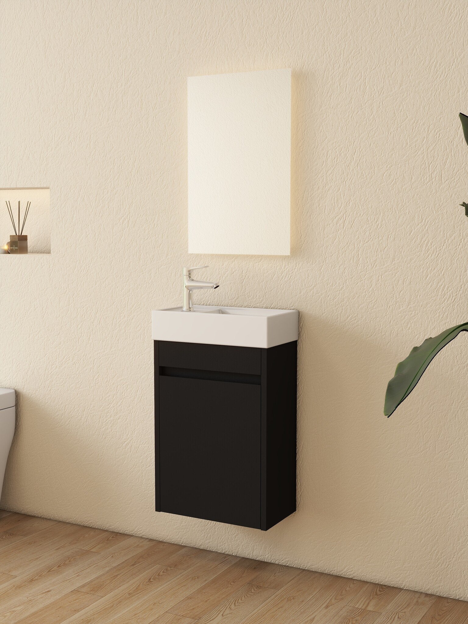 Meuble de toilette Nurion Tess - lavabo blanc brillant et armoire en bois noir - 41 x 22,5 x 65 cm