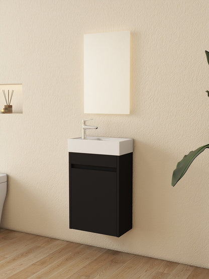 Meuble de toilette Nurion Tess - lavabo blanc brillant et armoire en bois noir - 41 x 22,5 x 65 cm