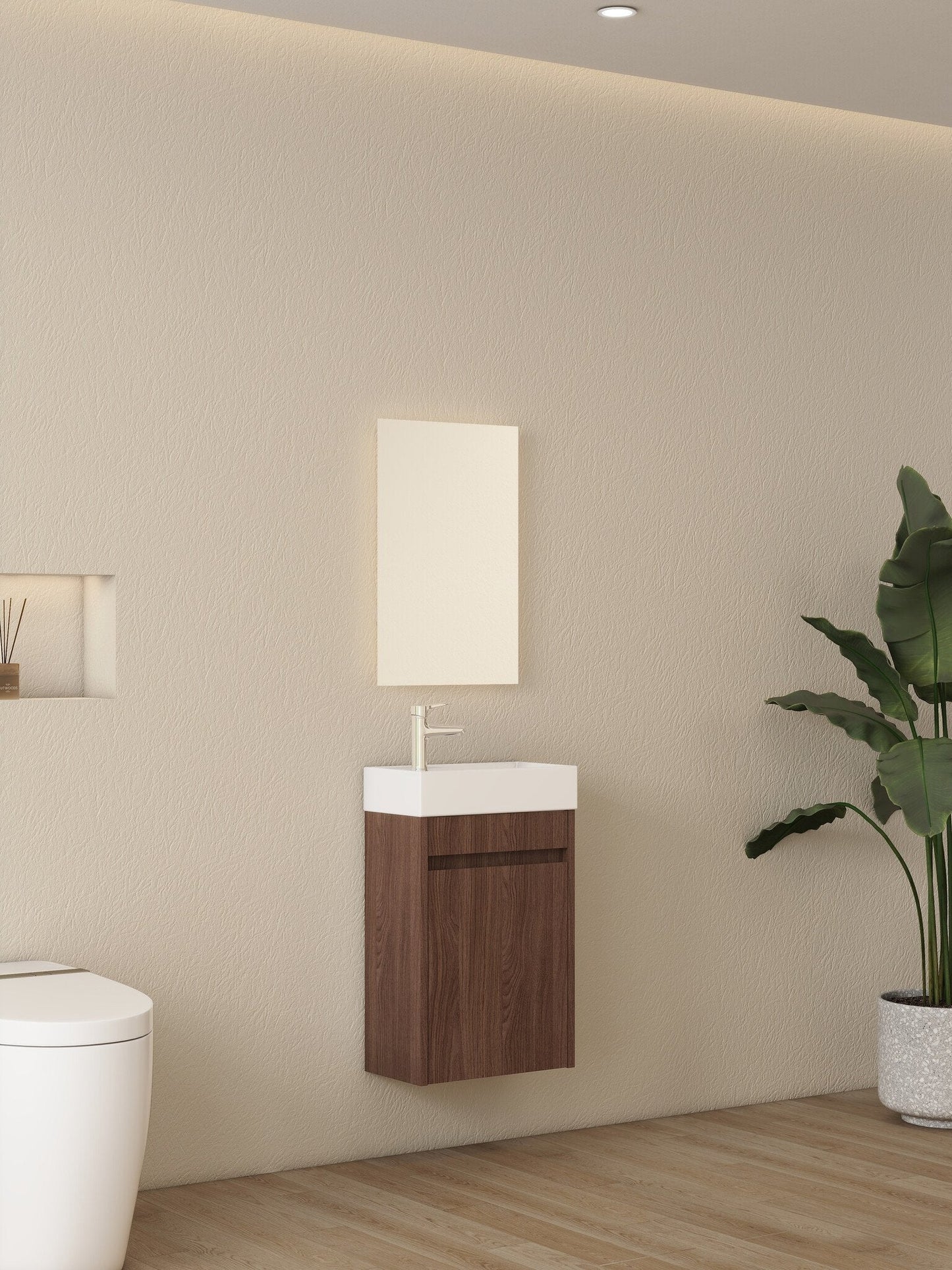 Nurion Meuble de toilette Vince - lavabo blanc brillant et armoire en bois foncé - 41 x 22,5 x 65 cm