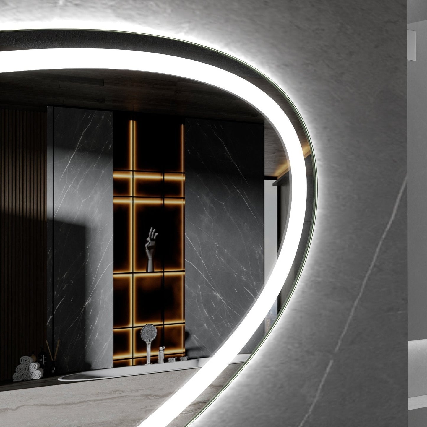 Miroir asymétrique avec éclairage LED encastré et anti-buée 90cm de large et 60cm de haut