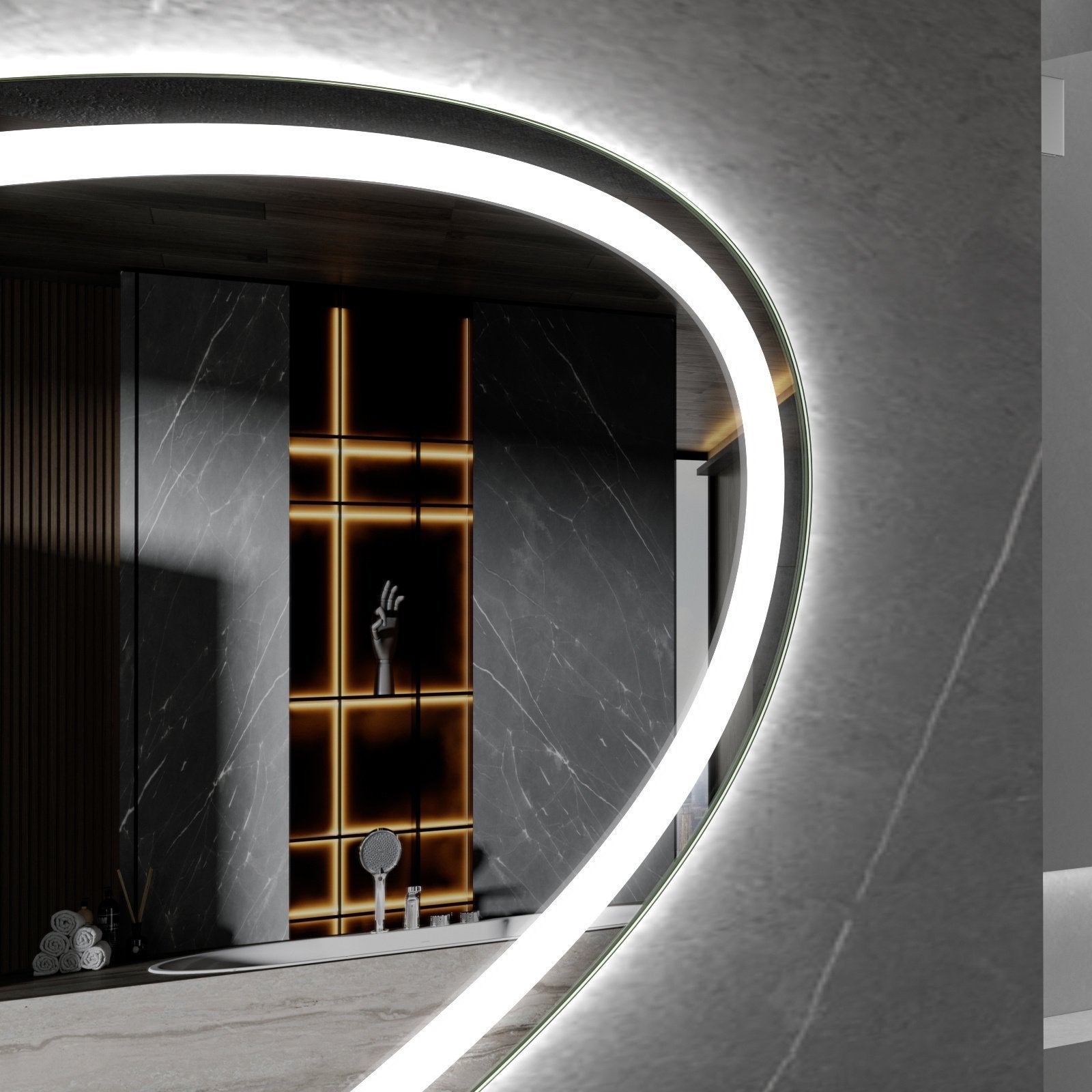 Miroir asymétrique avec éclairage LED encastré et anti-buée 90cm de large et 60cm de haut