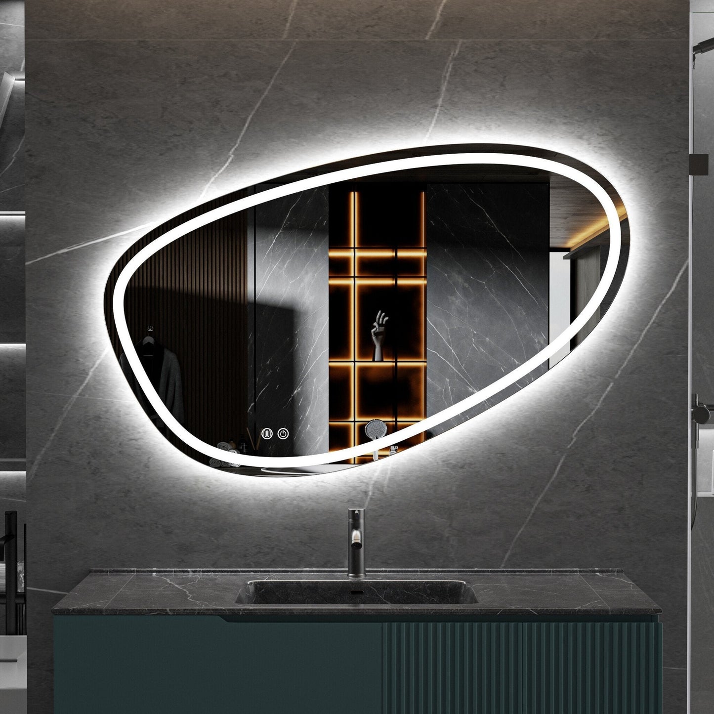 Miroir asymétrique avec éclairage LED encastré et anti-condensation 120cm de large et 75cm de haut