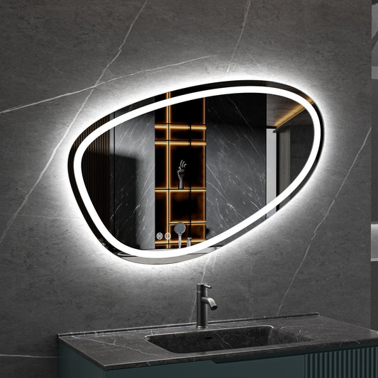 Miroir asymétrique avec éclairage LED encastré et anti-condensation 100cm de large et 65cm de haut